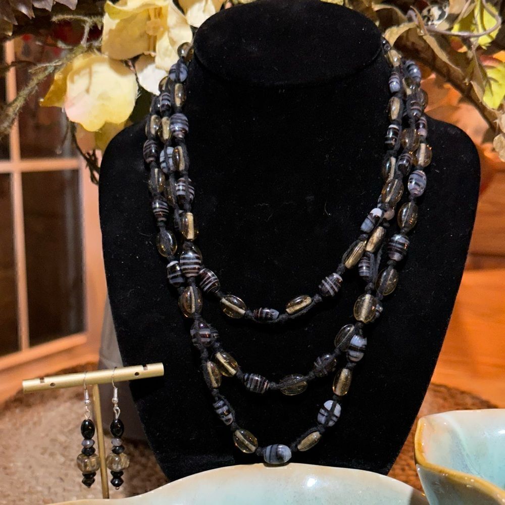 Black Handcrafted Hand Strung Multi Layer Necklace /Matching Earrings